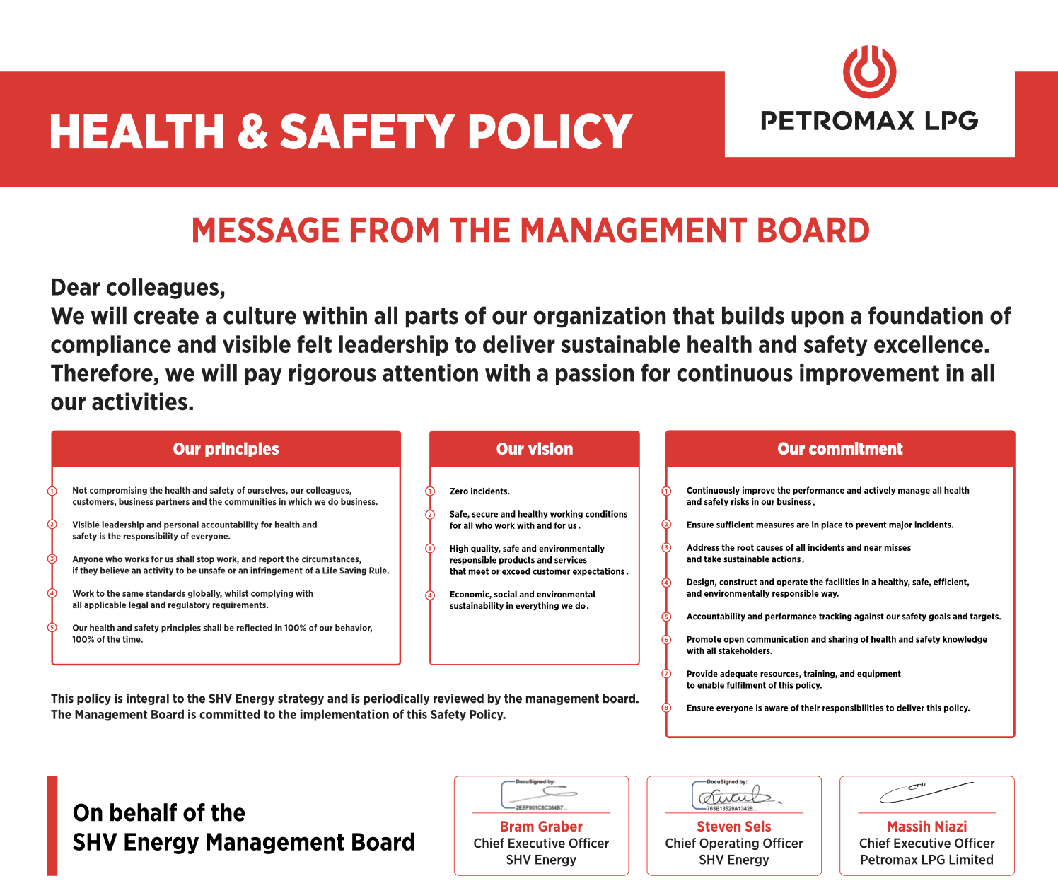 Petromax LPG's health and safety policy on behalf of the SHV Energy Management Board